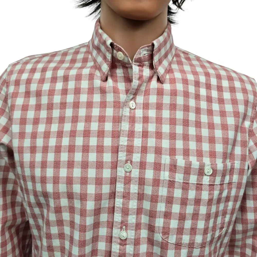 J. Crew Jaspe Cotton Shirt Men M Slim Fit Red White Gingham Check Long Sleeve